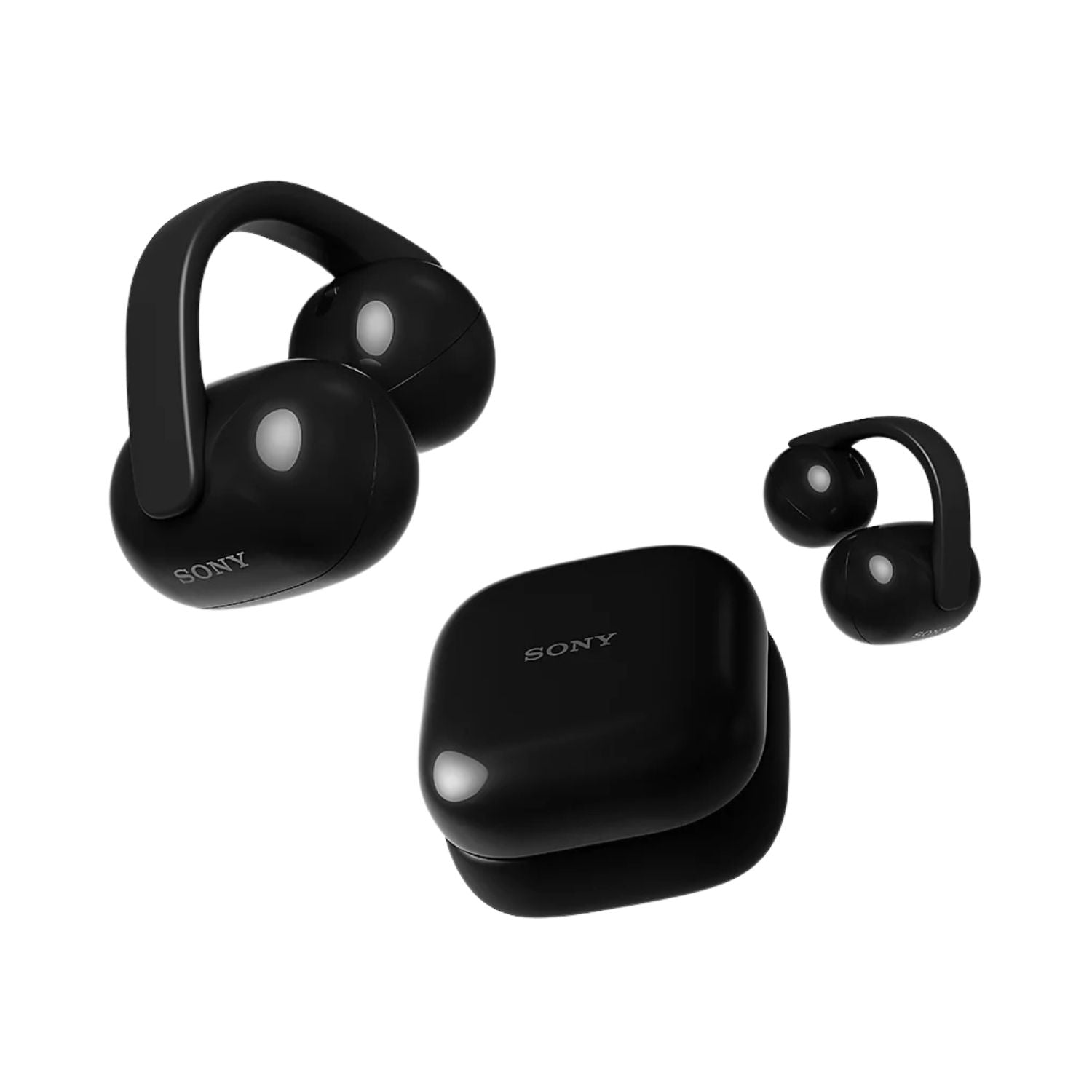 Black open-ear true wireless earbuds with charging case and two ear clips